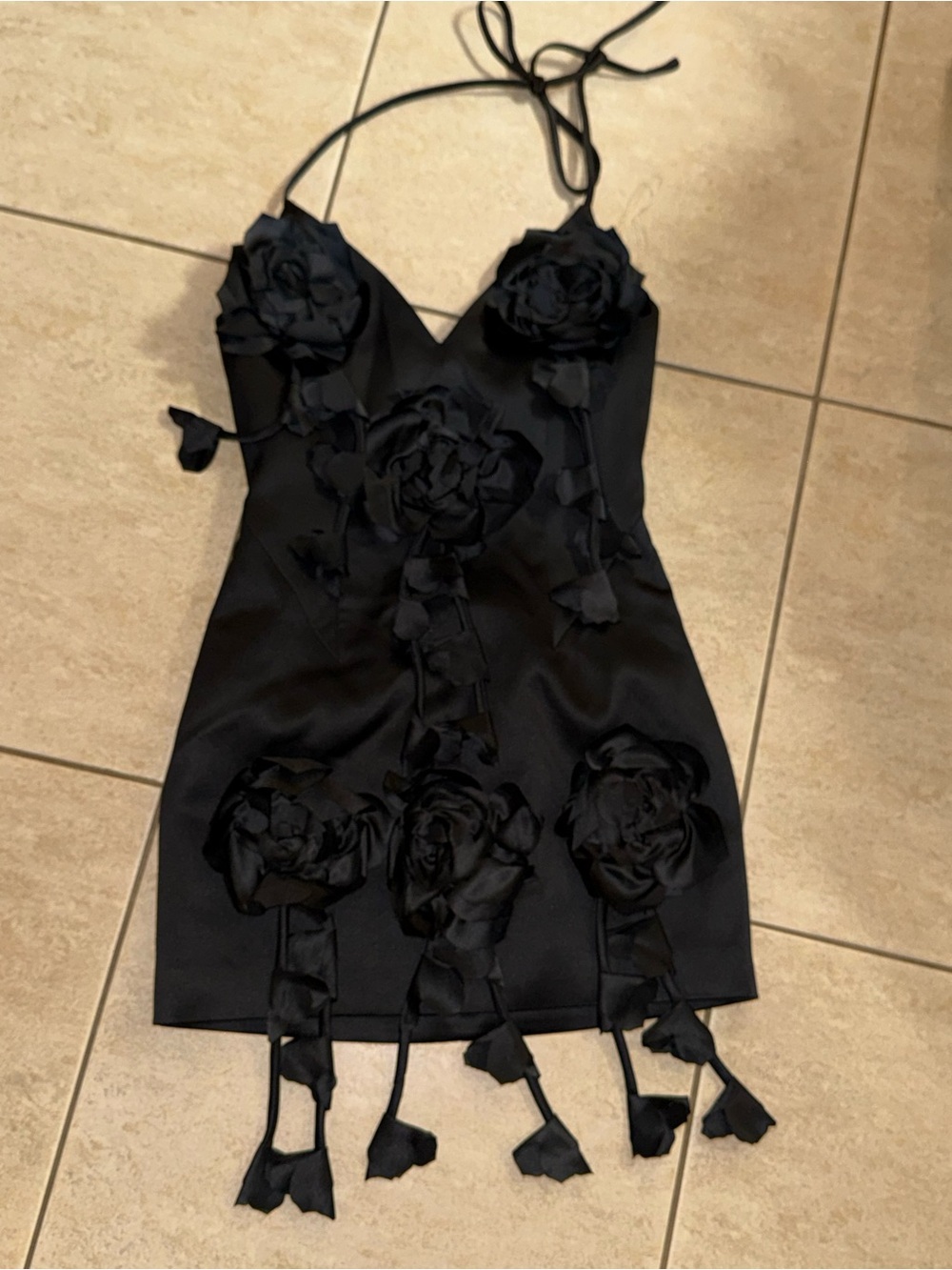 Fashion Nova Black Floral Appliqué Halter Mini Dress